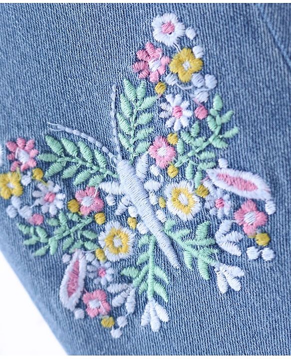 Babyhug Woven Full Length Washed Denim Jeans With Stretch & Floral Embroidery - Blue
