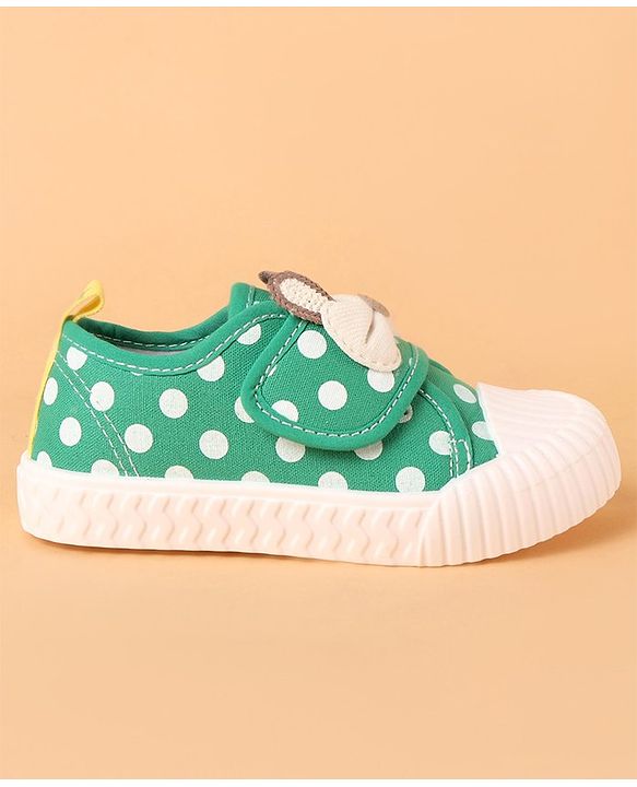Cute Walk by Babyhug Velcro Closure Casual Shoes With Polka Dot Print & Bow Applique - Green