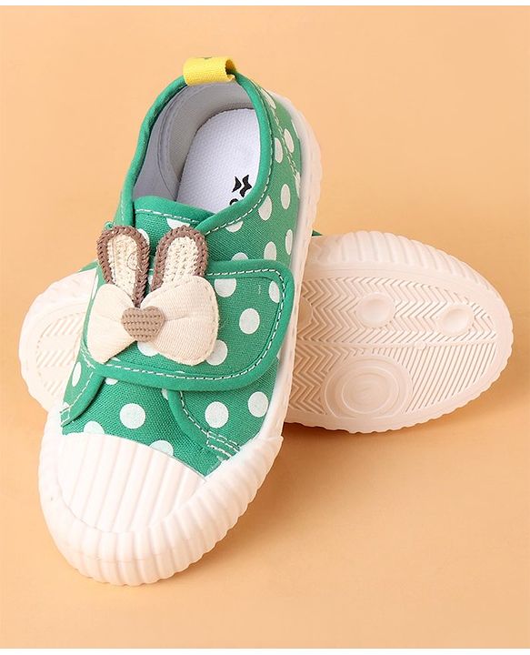 Cute Walk by Babyhug Velcro Closure Casual Shoes With Polka Dot Print & Bow Applique - Green