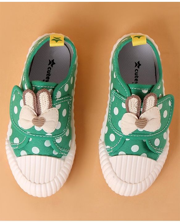 Cute Walk by Babyhug Velcro Closure Casual Shoes With Polka Dot Print & Bow Applique - Green