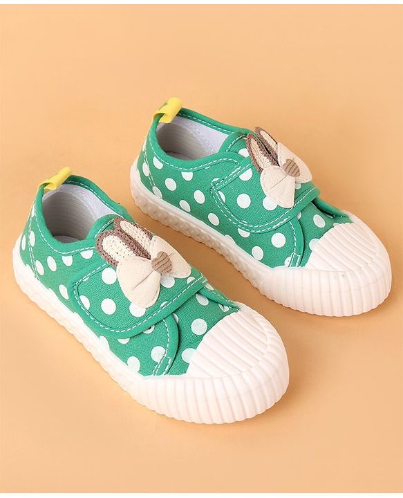 Cute Walk by Babyhug Velcro Closure Casual Shoes With Polka Dot Print & Bow Applique - Green
