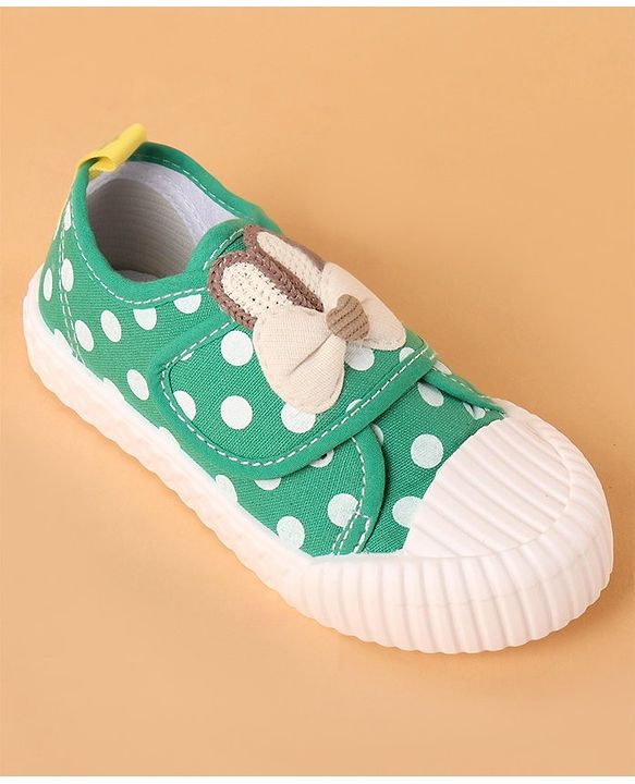 Cute Walk by Babyhug Velcro Closure Casual Shoes With Polka Dot Print & Bow Applique - Green