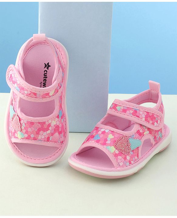 Cute Walk by Babyhug Velcro Closure Musical Sandal with Ice Cream Applique - Pink