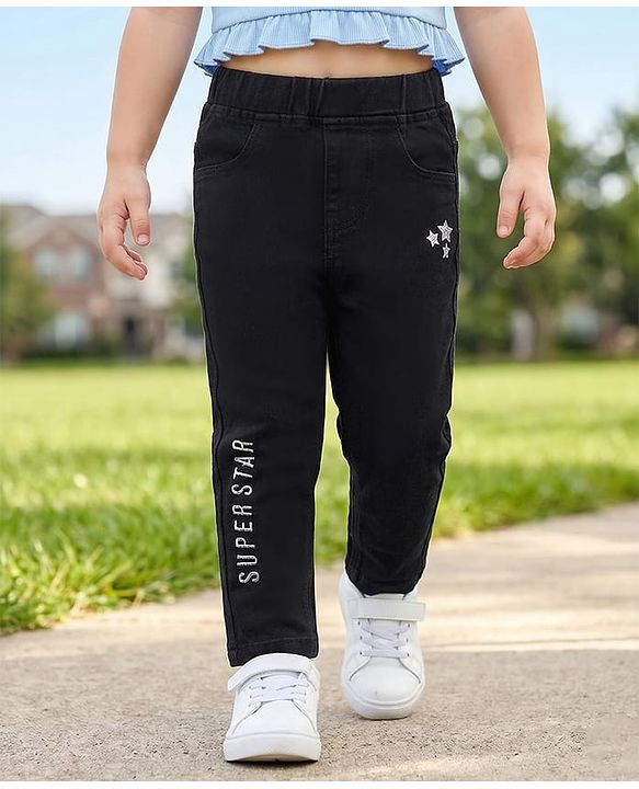 Babyhug Denim Full Length With Stretch Jeggings Text Embroidery - Black