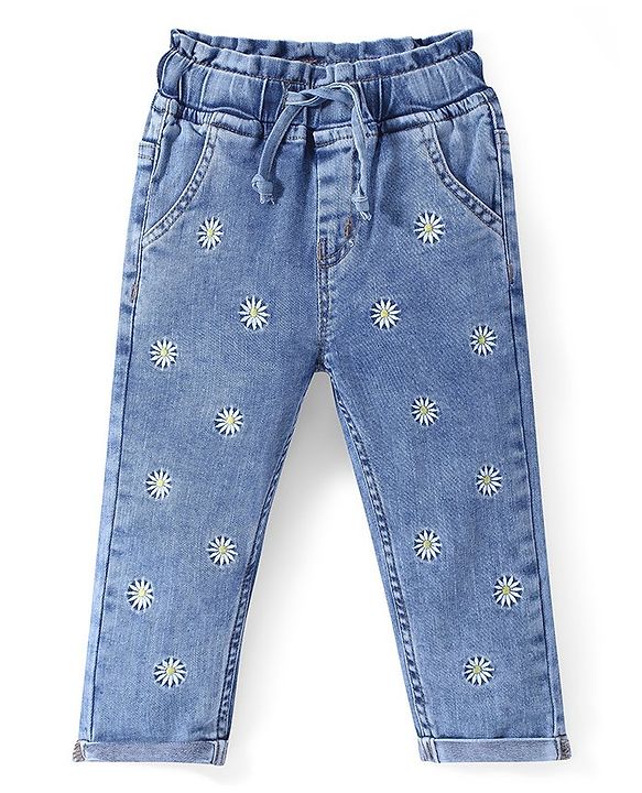 Babyhug Denim Full Length with Stretch Jeans Floral Embroidery - Blue