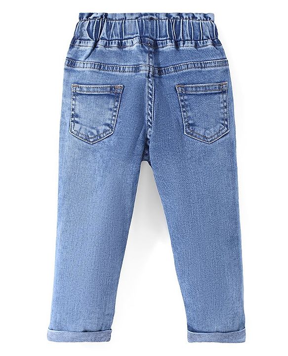 Babyhug Denim Full Length with Stretch Jeans Floral Embroidery - Blue