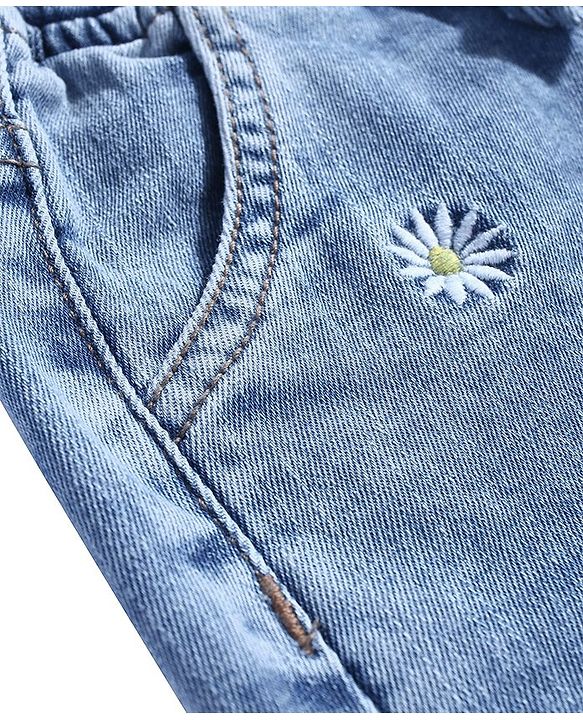 Babyhug Denim Full Length with Stretch Jeans Floral Embroidery - Blue