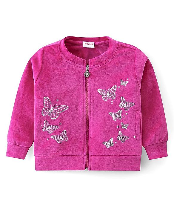 Babyhug Woven Full Sleeves Front Zipper Winter Wear Suit With Butterflies Print - Fuchsia