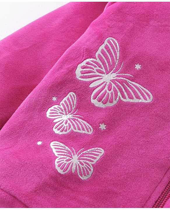 Babyhug Woven Full Sleeves Front Zipper Winter Wear Suit With Butterflies Print - Fuchsia