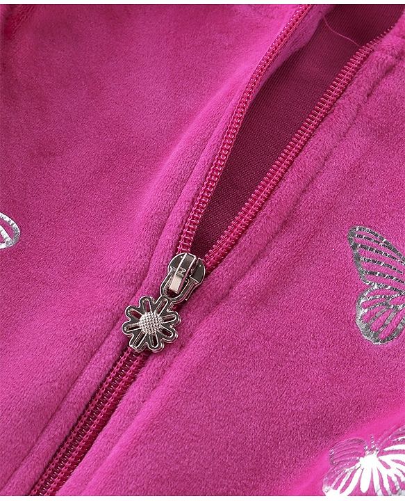 Babyhug Woven Full Sleeves Front Zipper Winter Wear Suit With Butterflies Print - Fuchsia