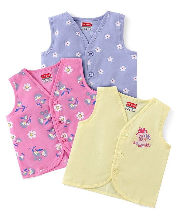 Babyhug 100% Cotton Woven Sleeveless Front Open Jhablas with Floral Prints Pack of 3 - Blue Pink & Yellow