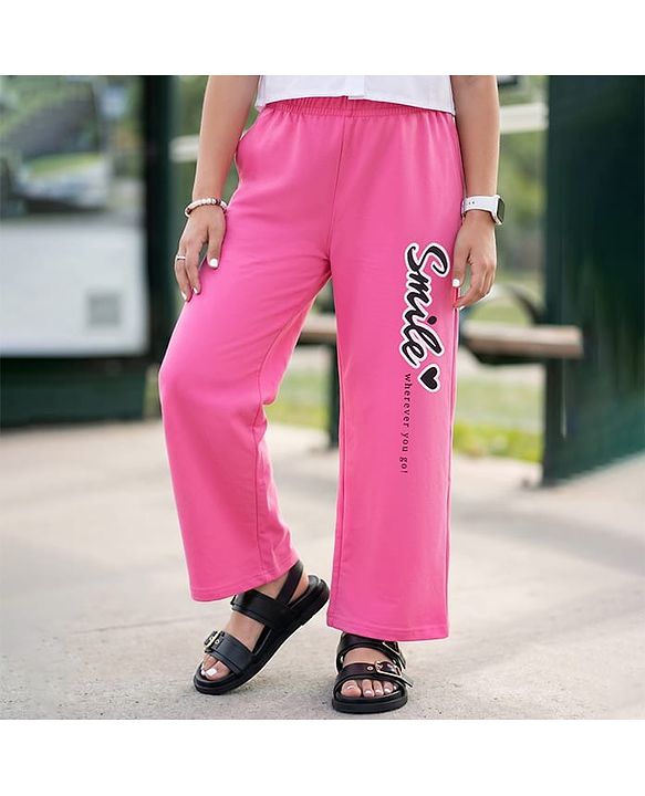 Pine Kids Cotton Knit Full Length Track Pant with Text Print - Pink