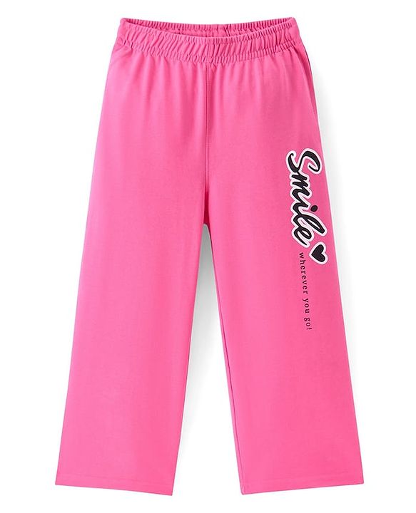 Pine Kids Cotton Knit Full Length Track Pant with Text Print - Pink