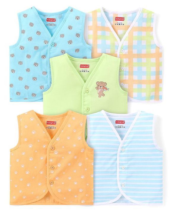 Babyhug 100% Cotton Woven Sleeveless Front Open Jhablas With Stripes & Animal Prints Pack of 5 - Multicolour