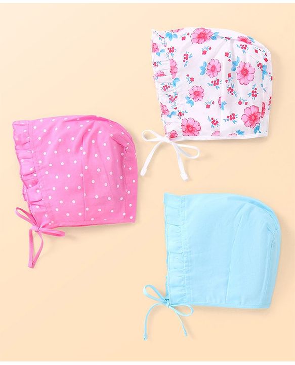 Babyhug 100% Cotton Woven Caps with Solid Polka Dots & Floral Print Pack of 3 - Blue Pink & White
