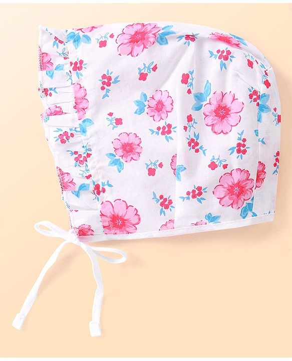Babyhug 100% Cotton Woven Caps with Solid Polka Dots & Floral Print Pack of 3 - Blue Pink & White
