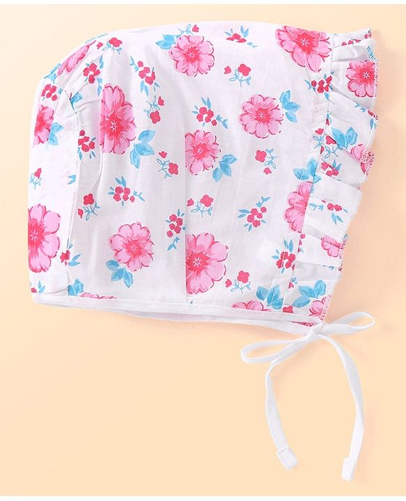 Babyhug 100% Cotton Woven Caps with Solid Polka Dots & Floral Print Pack of 3 - Blue Pink & White