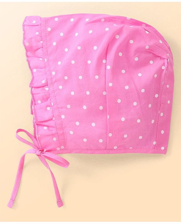 Babyhug 100% Cotton Woven Caps with Solid Polka Dots & Floral Print Pack of 3 - Blue Pink & White