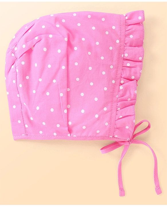 Babyhug 100% Cotton Woven Caps with Solid Polka Dots & Floral Print Pack of 3 - Blue Pink & White