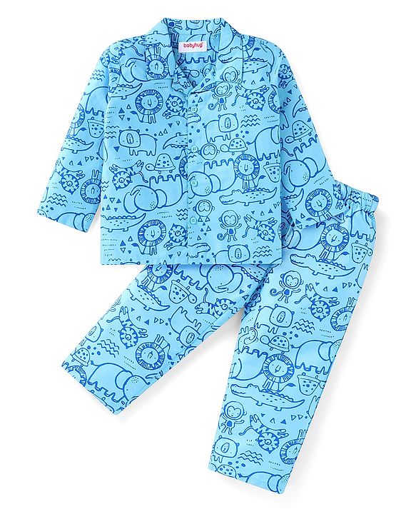 Babyhug Cotton Woven Full Sleeves Front Open Night Suit With Animals Print - Blue