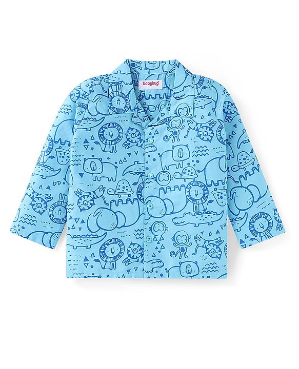 Babyhug Cotton Woven Full Sleeves Front Open Night Suit With Animals Print - Blue