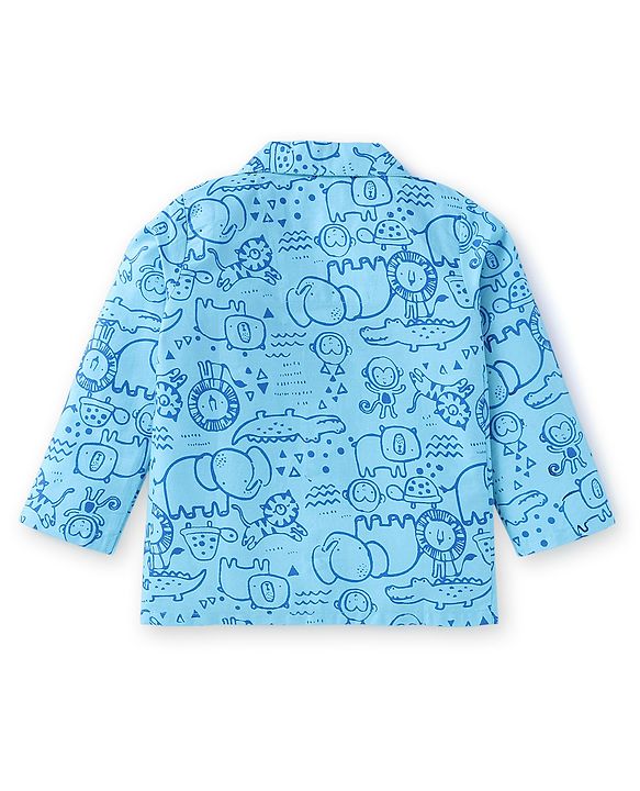 Babyhug Cotton Woven Full Sleeves Front Open Night Suit With Animals Print - Blue