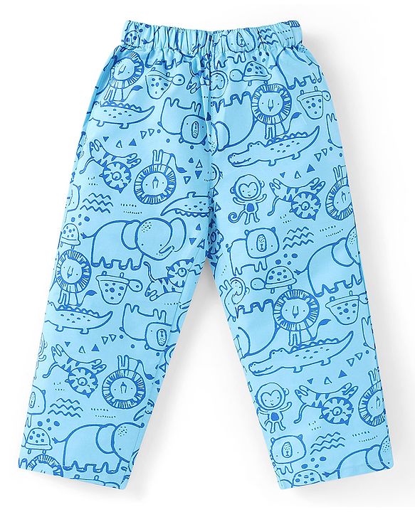 Babyhug Cotton Woven Full Sleeves Front Open Night Suit With Animals Print - Blue