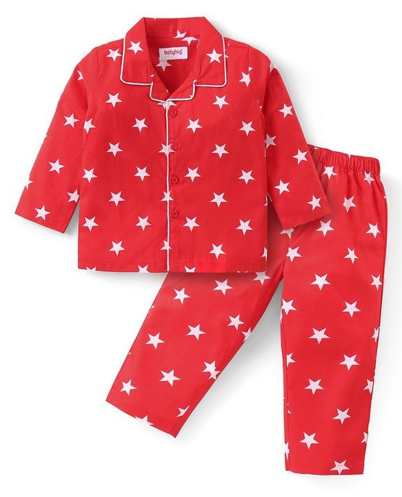 Babyhug Cotton Woven Full Sleeves Front Open Night Suit With Stars Print - Red