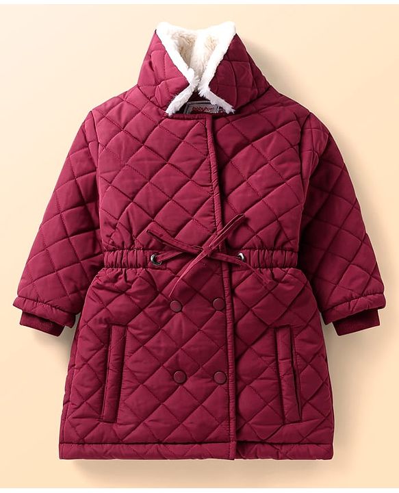 Babyhug Woven Full Sleeves High Neck Trench Coat with Quilt Design - Wine