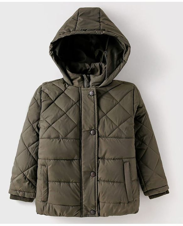 Babyhug Woven Full Sleeves Solid Color Hooded Padded Jacket - Olive Green
