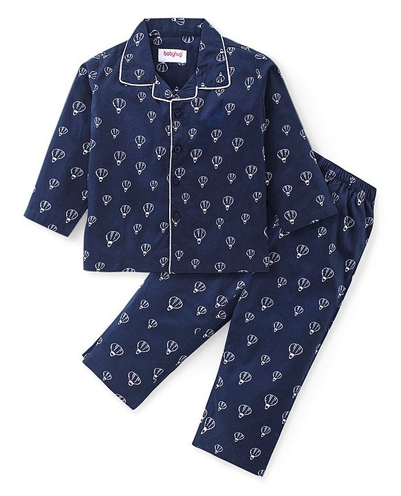 Babyhug Cotton Woven Front Open  Full Sleeves Collar Neck Night Suit with Parachute Print - Navy Blue
