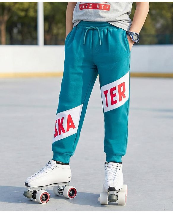 Pine Kids Full Length Track Pants Skater Print - Teal Blue