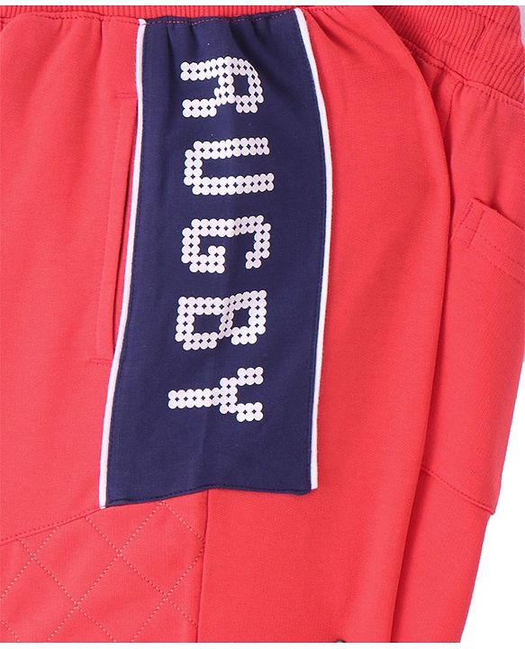 Pine Kids Full Length Track Pants with Pockets & Rugby Print - Red