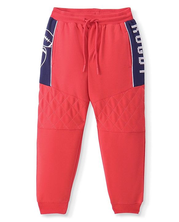 Pine Kids Full Length Track Pants with Pockets & Rugby Print - Red