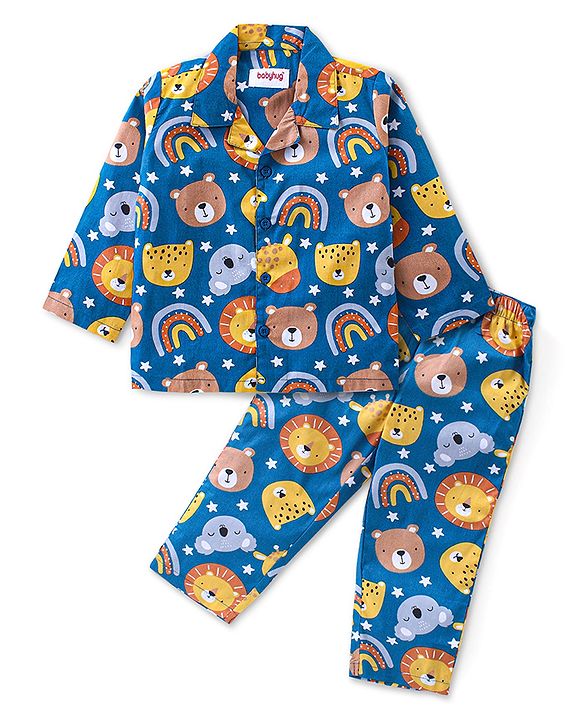 Babyhug Cotton Woven Full Sleeves Front Open Collared Night Suit Bear Print - Blue