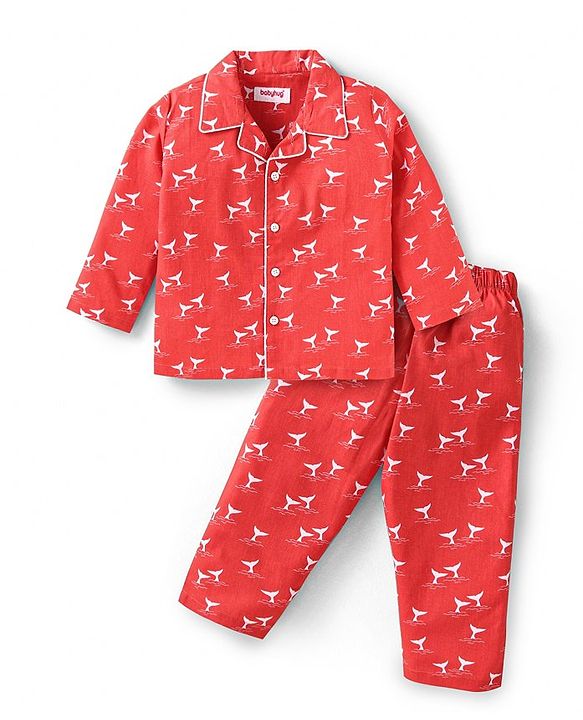 Babyhug Cotton Woven Full Sleeves Front Open Night Suit With Animal Print - Red