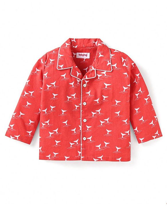 Babyhug Cotton Woven Full Sleeves Front Open Night Suit With Animal Print - Red