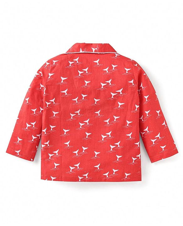 Babyhug Cotton Woven Full Sleeves Front Open Night Suit With Animal Print - Red