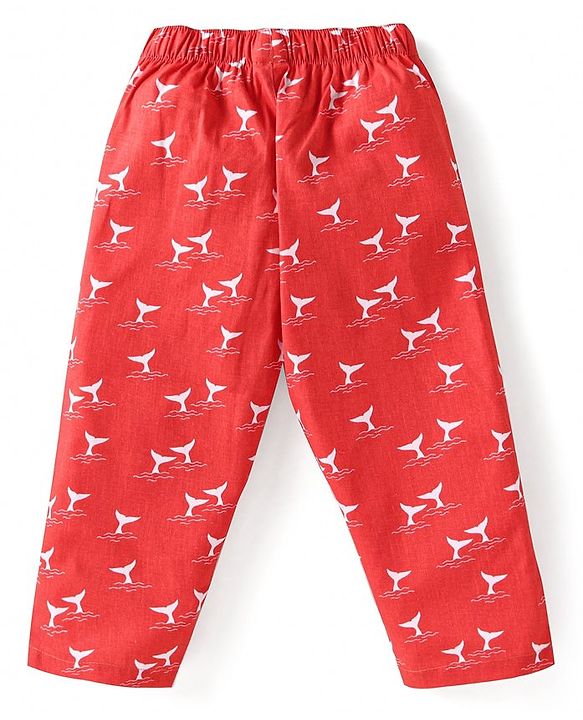 Babyhug Cotton Woven Full Sleeves Front Open Night Suit With Animal Print - Red