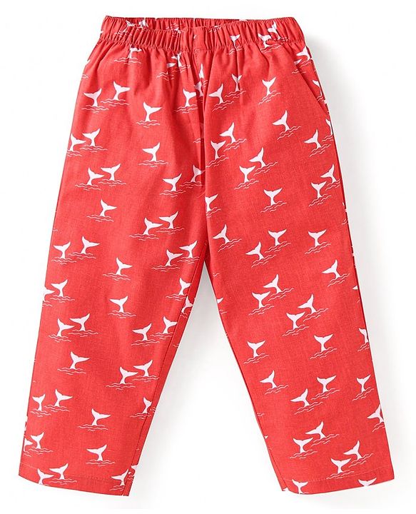 Babyhug Cotton Woven Full Sleeves Front Open Night Suit With Animal Print - Red