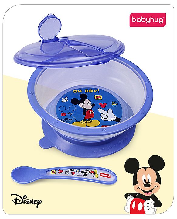 Babyhug Disney Mickey Mouse Designed Suction Bowl with Lid & Spoon Blue  - 300 ml