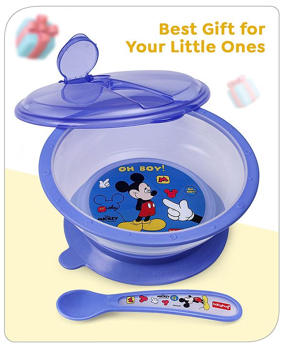 Babyhug Disney Mickey Mouse Designed Suction Bowl with Lid & Spoon Blue  - 300 ml