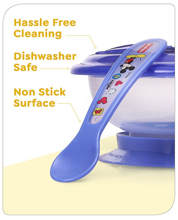 Babyhug Disney Mickey Mouse Designed Suction Bowl with Lid & Spoon Blue  - 300 ml