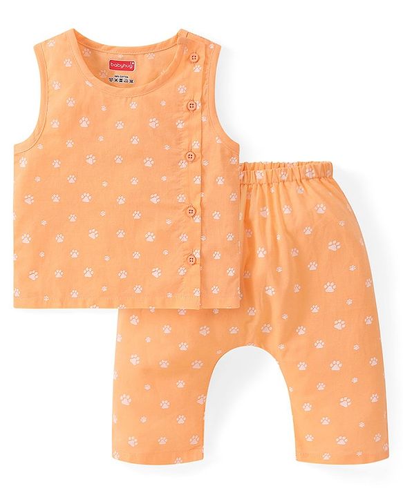 Babyhug Cambric Woven Sleeveless Side Open Innerwear Set With Paw Print - Orange