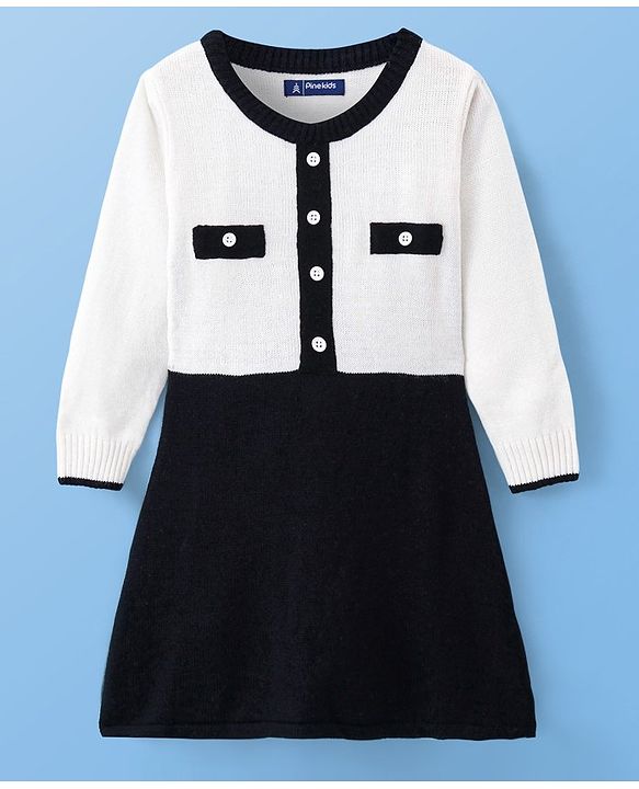 Pine Kids Knit Full Sleeves Woolen Dress with Colour Block Design - White & Black