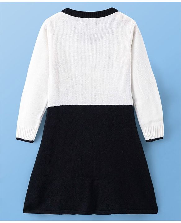 Pine Kids Knit Full Sleeves Woolen Dress with Colour Block Design - White & Black