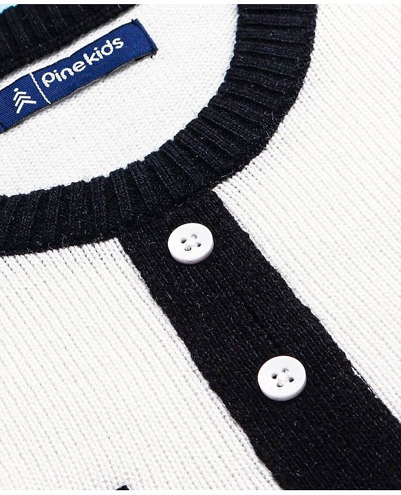 Pine Kids Knit Full Sleeves Woolen Dress with Colour Block Design - White & Black