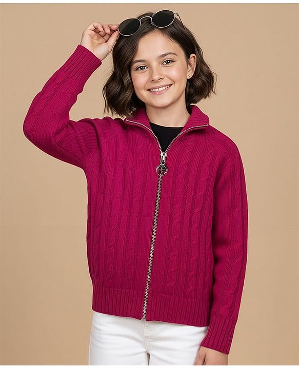 Pine Kids Knitted Full Raglan Sleeves Collar Neck Front Open Sweater With Cable Knit Design - Dark Pink