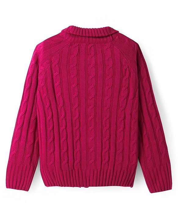 Pine Kids Knitted Full Raglan Sleeves Collar Neck Front Open Sweater With Cable Knit Design - Dark Pink