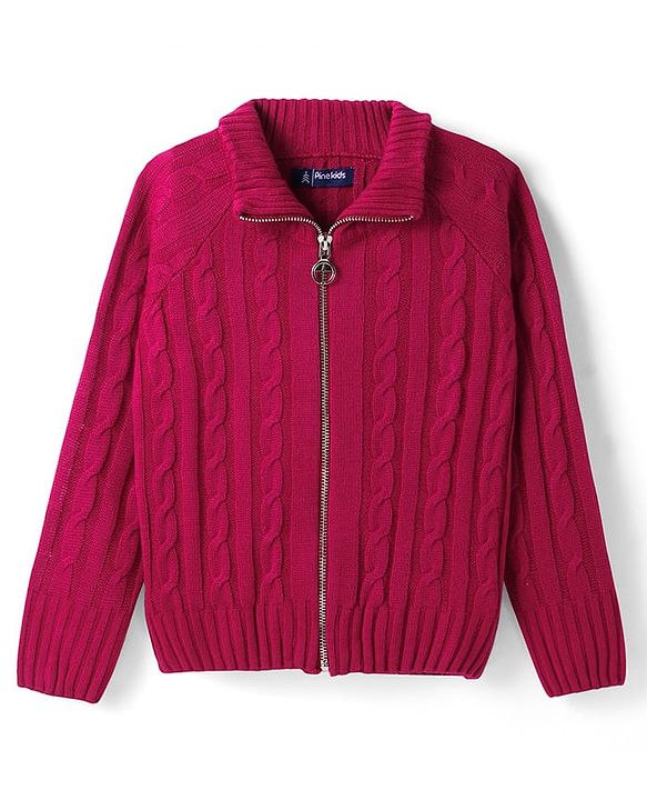 Pine Kids Knitted Full Raglan Sleeves Collar Neck Front Open Sweater With Cable Knit Design - Dark Pink